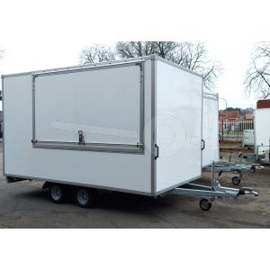 Power Trailer gesloten plateau aanhangwagen (lxbxh) 407x180x188cm, model GEPLA NR.7, Bruto 1500kg, witte glad plywood panelen met polyester coating (ook wit dak), Tandemas geremd