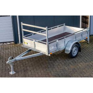 Twins Trailers aanhangwagen 307x157 (lxb bak), 750kg bruto (510 netto), laadvloerhoogte 54cm, aluminium borden met railing, banden 13", enkelas