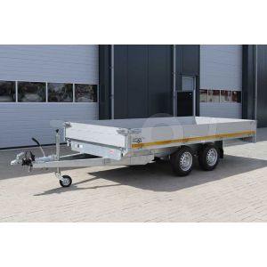 Tandemas plateauwagen Eduard 4018-4-PB30-270-72, afmeting 406x180cm met 30cm aluminium borden, laadvloerhoogte 72cm, bruto laadvermogen 2700kg, 195/65R14 banden.