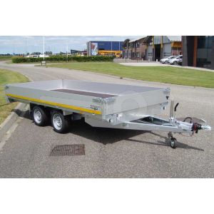 Plateauwagen 406x180 cm laadvermogen bruto 3000kg laadvloerhoogte 63cm met 40cm aluminium borden tandemas