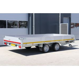 Plateauwagen Eduard Trailers met aluminium borden, afmeting 406x200cm, laadvloerhoogte 63cm, bruto laadvermogen 2000kg.