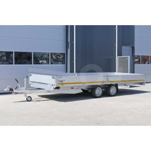 Plateauwagen Eduard met 30cm hoge aluminium borden, afmeting 506x200cm, laadvloerhoogte 63cm en bruto laadvermogen 2700kg.