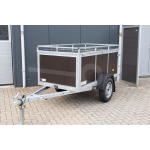 VDM bagagewagen (lxbxh) 150x100x60cm, Bruto 750kg (566kg netto), Bruine betonplex panelen, Enkelas ongeremd, Banden 155/80R13